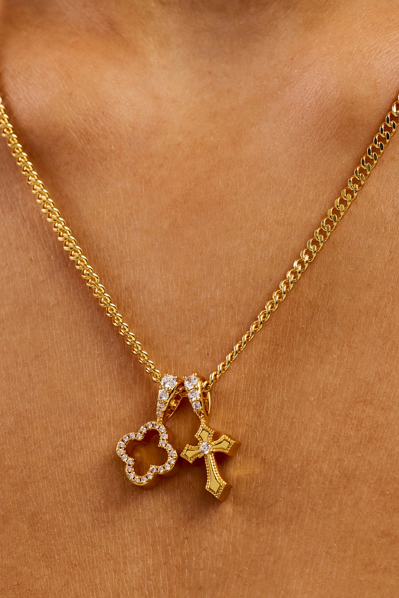 Iced Motif & Cross Pendant Necklace - 10mm - Gold